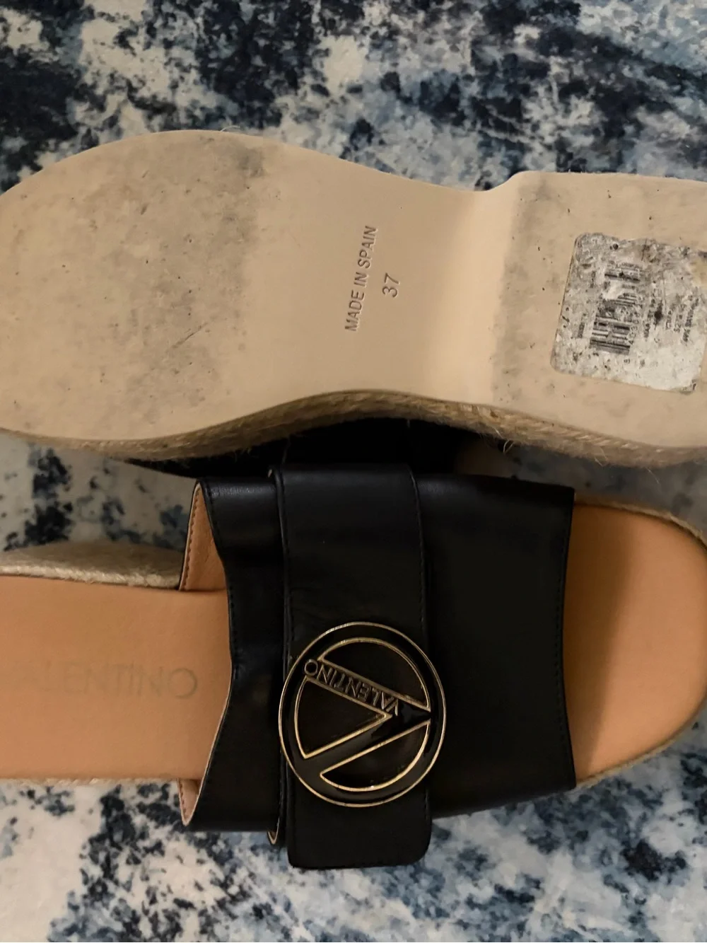 Mario Valentino Black Leather Platform Espadrille Slide with Gold Emblem